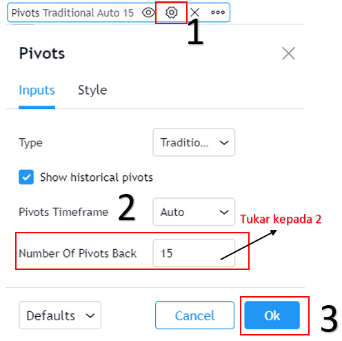 Pivot Point settings panel in TradingView to adjust number of pivot levels