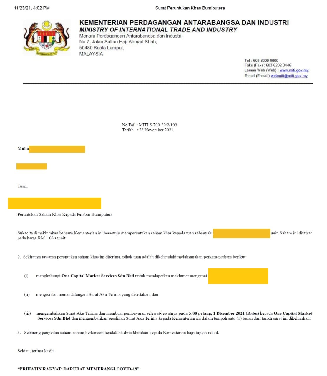 Check Permohonan MITI