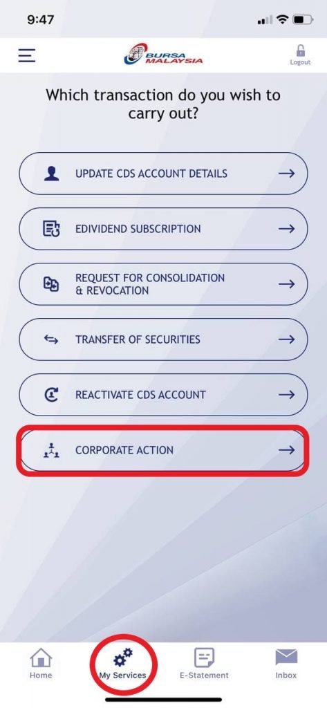 eRights Bursa Anywhere - My Service menu