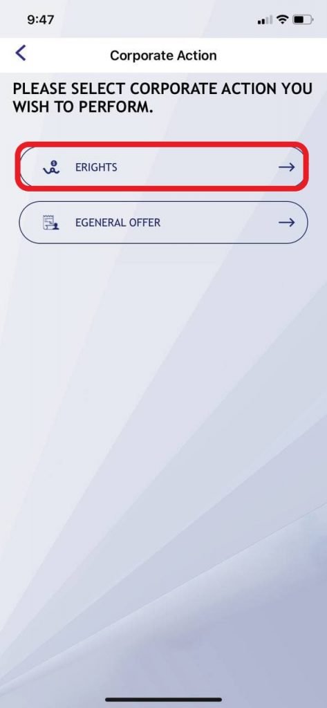 eRights Bursa Anywhere - Corporate Action menu