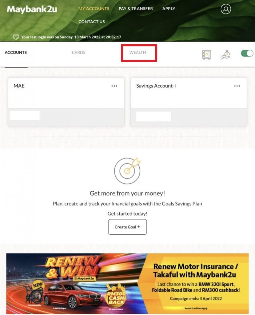 Maybank2u Wealth section for gold savings top-up