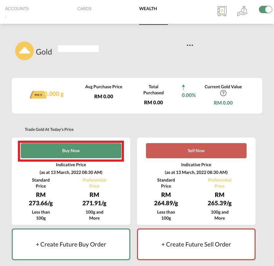 Maybank gold savings buy now screen with minimum RM10