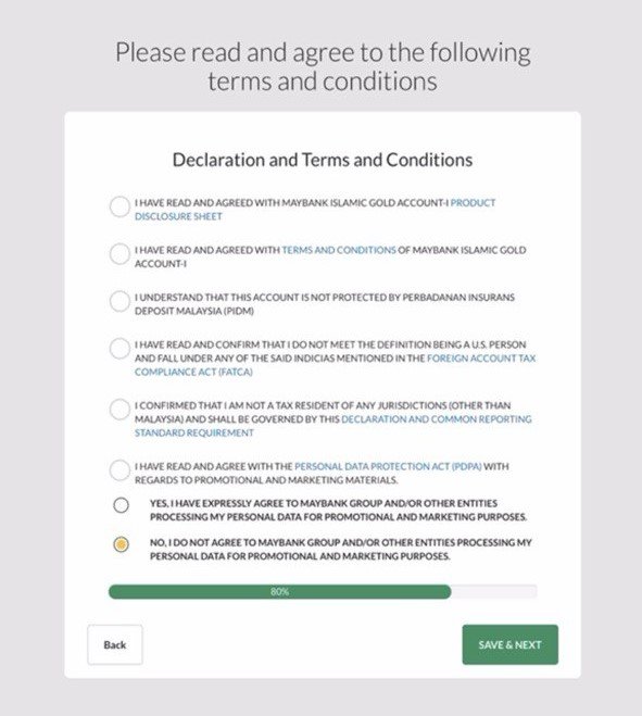 Declaration section for Maybank gold account application