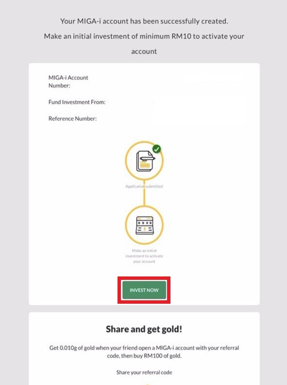 Maybank MIGA-i account activated with Invest Now button