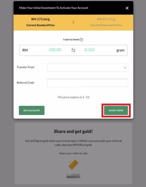 Maybank gold investment amount selection screen