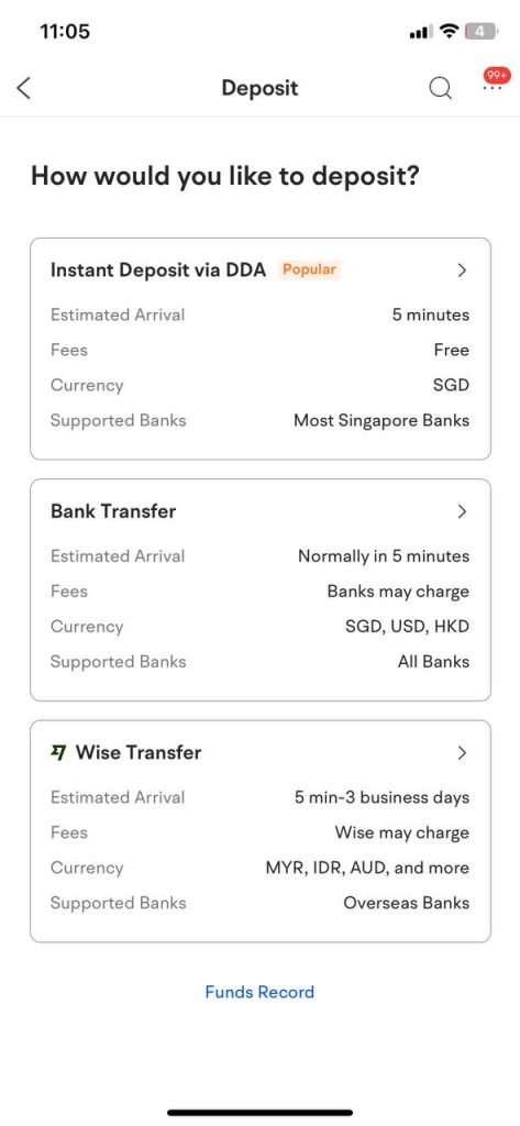Moomoo deposit options showing Wise Transfer