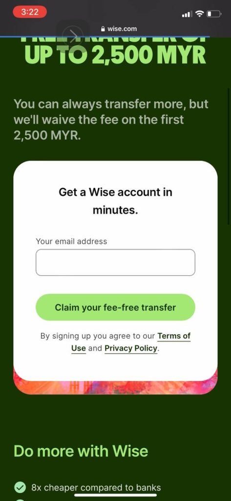 Wise registration email entry