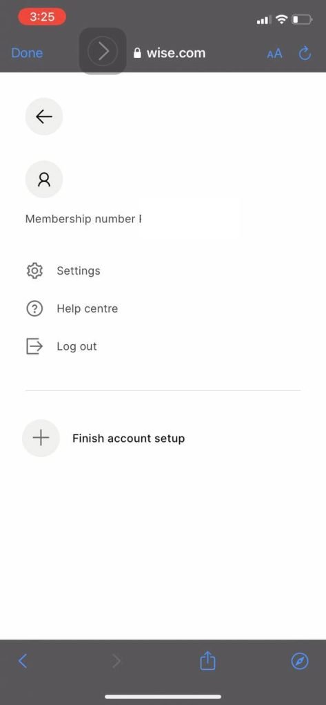 Wise finish account setup