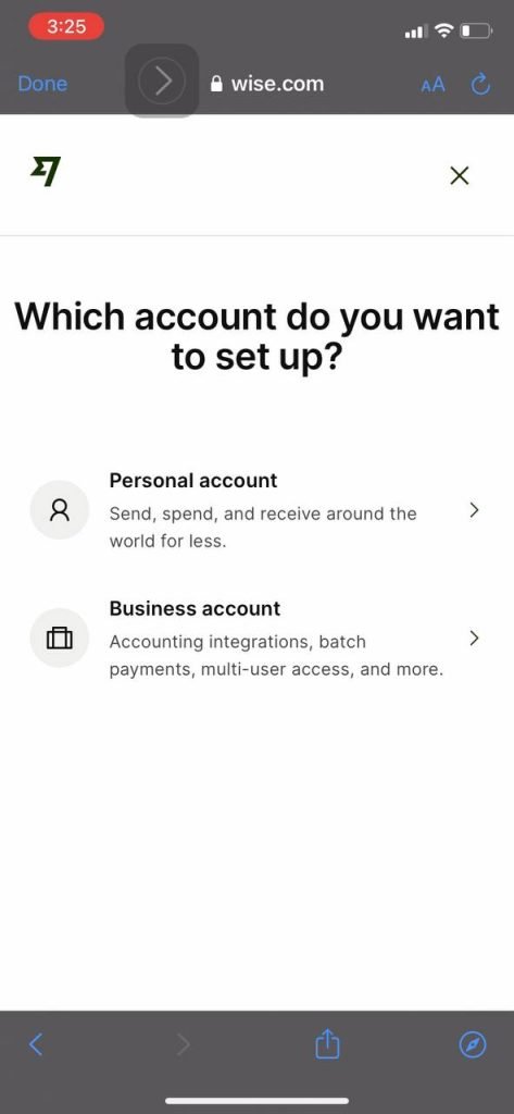Wise account setup screen