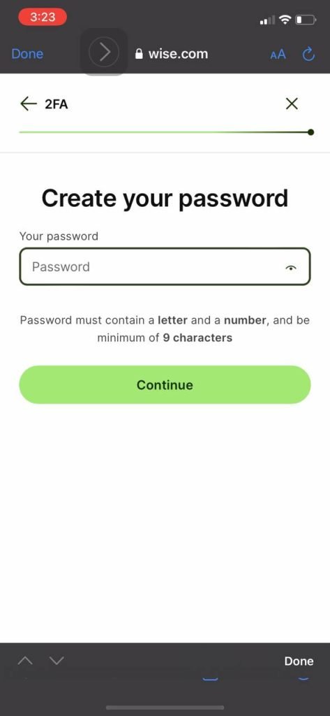 Wise create password screen
