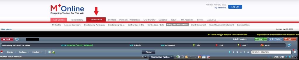 Mplus My Account tab showing Daily Business Done section