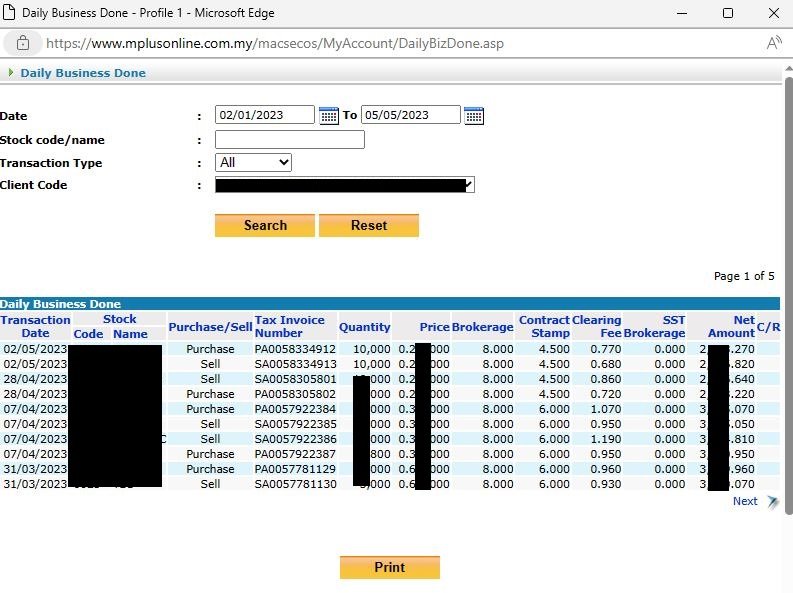 Daily Business Done transaction details in Mplus