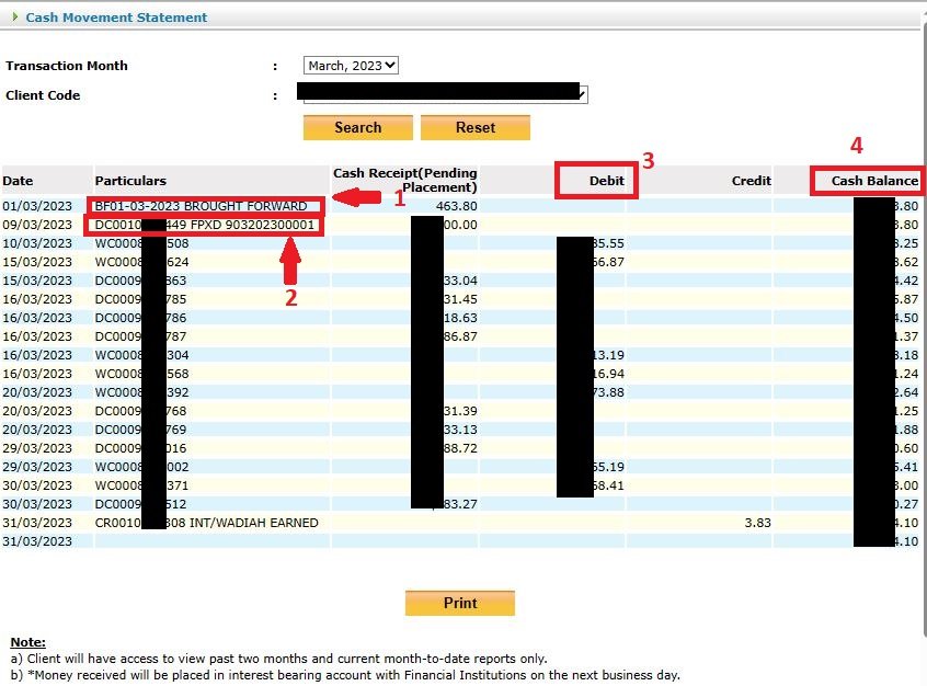 Cash Movement Statement overview in Mplus showing debit, credit, and cash balance