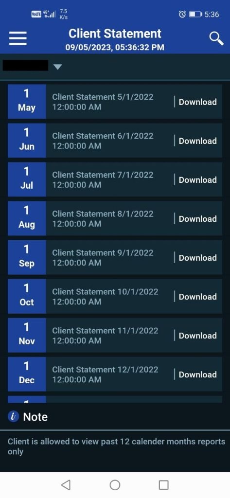 Mplus mobile app Client Statement download list