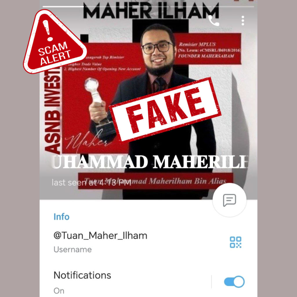 Facebook and Telegram display showing fake investment scam warnings in Malaysia
