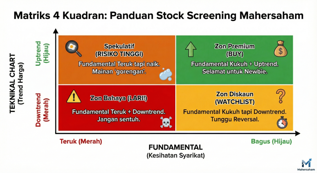 4-Quadrant Matrix chart combining fundamental and technical analysis in the Mahersaham app.